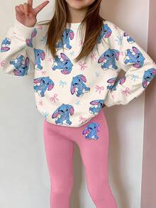 SHEIN Leap Crew 2 件奶油白和玫瑰粉，可爱甜美卡通蓝色兔子露露，蝴蝶结，针迹图案少女休闲柔软圆领长袖运动衫和紧身裤套装，适合秋冬季 - 彩色 - 查看 4