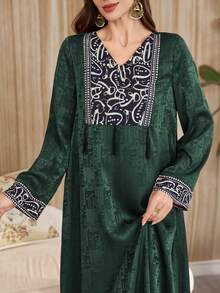Al Najma Đầm dài tay dáng rộng cổ chữ V phối họa tiết thanh lịch dành cho nữ, kiểu Ả Rập, thích hợp cho mùa thu. - Màu xanh lá cây đậm - Xem 2