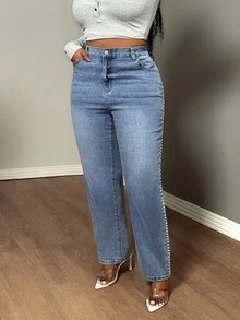 Truni __theloveshegives Quần jean bó sát gợi cảm có túi ngọc trai giả cỡ lớn, dành cho dáng người quả lê hình tam giác - Màu xanh lam - Xem 5