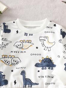 SHEIN Playful Pals 两件套男婴恐龙印花圆领长袖上衣和纯绿色裤子套装，适合户外玩耍、休闲和运动穿着，春秋季。 - 寶藍色 - 查看 3