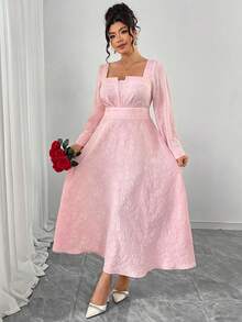 Elenzga Vestido Vermelho de Manga Longa Estilo A-Line para Mulheres Plus Size, Elegante Decote Quadrado com Busto Plissado 3D, Cintura Marcada, Mangas Bufantes, Namorada Sofisticada e Romântica, Festa do Dia dos Namorados, Ano Novo, Vestido Longo Rosa Plus Size