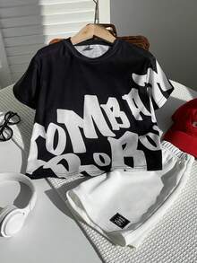 SHEIN 两件套儿童男童休闲街头大字母印花套头T恤和纯色短裤套装 - 黑色 - 查看 7