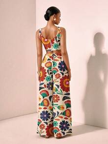 Zivah New Spring/Summer Vacation Casual Fishbone Strap Top & Wide Leg Pants With Pockets 2 Pieces Set/Season Wedding Attend/Birthday Party/Daily Outing/Basic And Versatile/Leisure Vacation/Cruise Travel/Beach Seaside Sunbathing /Internet Celebrity Hot Style/Street Style/Elegant Commuter/Business/Casual Bandeau Strap Sexy Backless Ladies Top And Straight Pants With Pockets Flower Positioning Print Green Summer Suit Ladies Two Pieces Suit Carnival - Multicolor - View 2