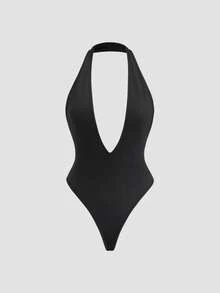 FavEase 黑色深 V 领露背紧身衣，性感休闲简约风格女装