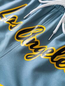 PAVTROS Quần short bóng rổ nam mùa hè, phong cách thường ngày, năng động, in chữ và số, viền sọc tương phản, cạp chun có dây rút. - Màu xanh nhạt - Xem 4