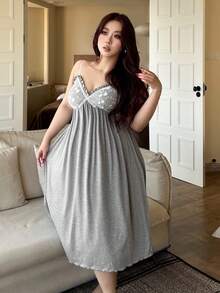 Dazy Plus Plus Size Women Lace Patchwork Solid Color Sexy Waist Cinched Long Nightgown, Sleeveless, Spring/Summer - Grey - View 4