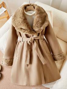 SHEIN 少女优雅大衣，饰有毛绒边，腰间系带，修身剪裁，长款设计，适合通勤和户外活动，采用奢华提花面料，高端时尚外套。
