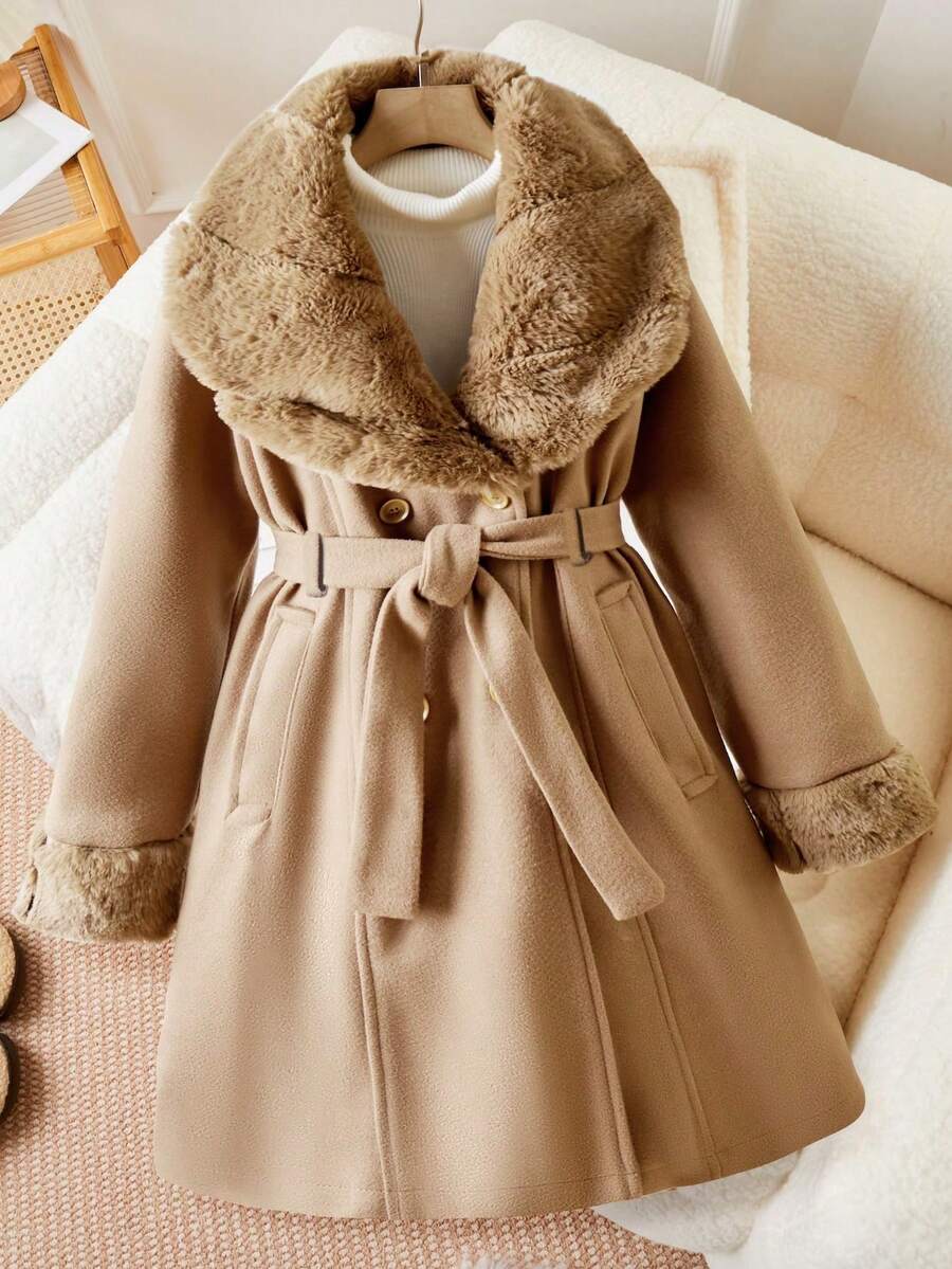 SHEIN 少女优雅大衣，饰有毛绒边，腰间系带，修身剪裁，长款设计，适合通勤和户外活动，采用奢华提花面料，高端时尚外套。