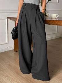 DAZY Women's Pleated Wide Leg Pants, Elegant Loose Solid Color Trousers For Spring & Autumn - Dark Grey - View 5