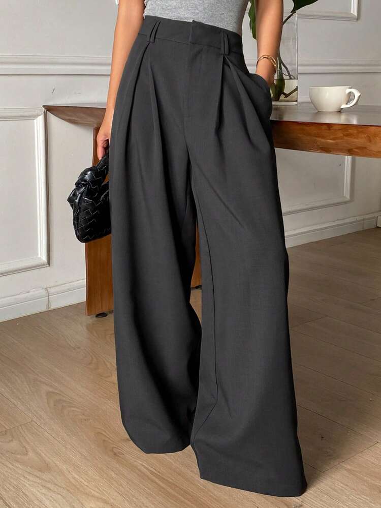 Tall Women's Pleated Wide Leg Pants, Elegant Casual Loose Solid Color Trousers