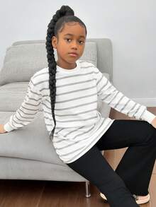 SHEIN Tween Girls' Casual Striped Crew Neck Pullover Sweatshirt - Grey - View 6