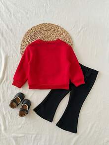 Babygirl Cute Casual Versatile Red Long Sleeve Sweatshirt & Elastic Waist Pants Set - Multicolor - View 2