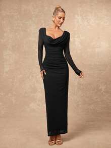 Lumalex Plunging Neck Ruched Mesh Flowy Long Sleeve Cinched Waist Bodycon Dress For Women - Black - View 4
