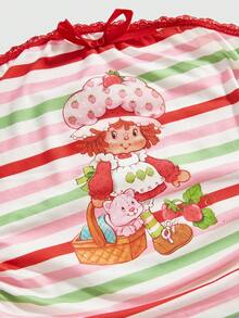 Strawberry Shortcake | ROMWE Women's Casual Sweet Striped Cartoon Contrast Lace Strapless Top, Summer - Multicolor - View 3