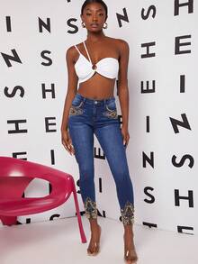 Denimoi Ropa de mujer de otoño, jeans acampanados con flecos de strass de dobladillo crudo azul con detalles de perlas falsas blancas y doradas con estampado de paisley, atuendos de otoño. Para uso diario, salir, conciertos, festivales, fiestas - Azul lavado oscuro - Ver 5