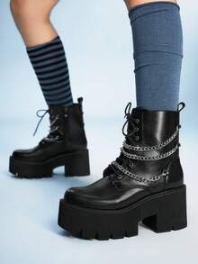 Sugerpunk Women's New Metal Chain Thick Sole Side Zipper Fashion 8cm High Heel Riding Boots - Black - View 1