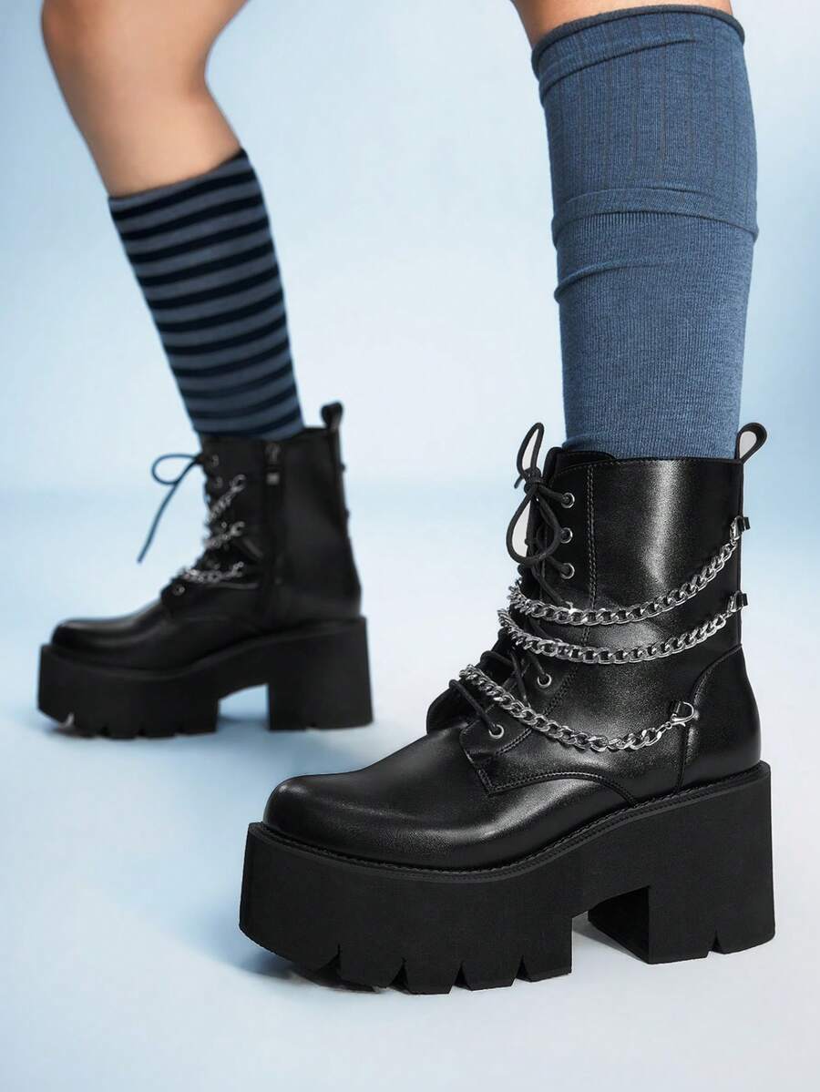 Sugerpunk Women's New Metal Chain Thick Sole Side Zipper Fashion 8cm High Heel Riding Boots - Black - View 1