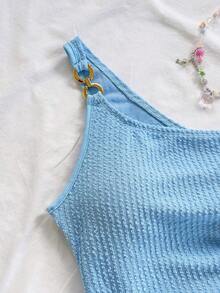 Soleia Áo ba lỗ dệt kim Jacquard họa tiết một bên vai bó sát, xẻ tà, dây rút, nhún bèo, thích hợp cho tiệc tùng, hẹn hò, ngày lễ tình nhân, lễ Phục sinh, lễ hội hóa trang, trà chiều, bãi biển, du ngoạn, giải trí thành phố - Màu xanh lam - Xem 5