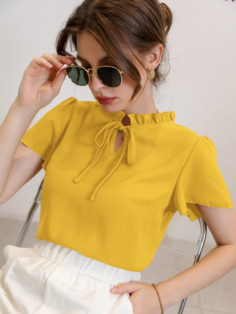 Mulvari Áo kiểu nữ đơn giản, màu trơn, có bèo nhún, cổ thắt nút, thích hợp cho mùa hè. - Màu vàng - Xem 1