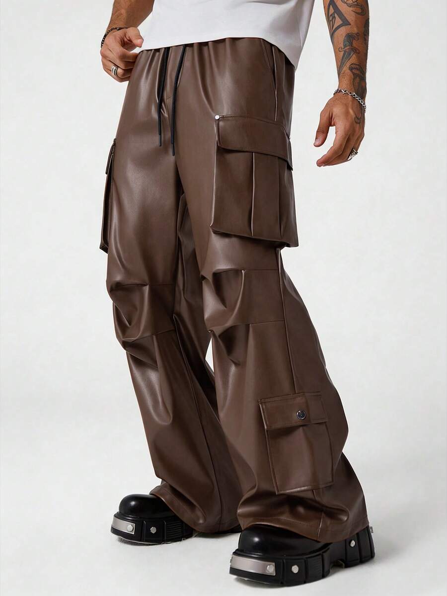 Manfinity EMRG 男士休闲PU抽绳宽松裤 - 咖啡棕 - 查看 1