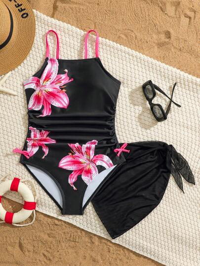 SHEIN 2pcs Girls Floral Print Swimsuit With Bow Decor & Mesh, Suitable For Vacation, Unlocking Summer Fashion Black With Pink Floral Swimsuit Girls High Waist Swimsuit Set Bikini Set Black And Pink Flower Tankini Set Hibiscus Flower Tween Bathing Suit Tween Girl Swimsuit Floral Girls Hawaiian Swimsuit Swimsuit With Skirt One Piece Bathing Suit With Skirt Girls Black With Pink Flower Swimsuit Bikini Set Black And Pink Flower For Tween Two Piece Swimwear For Girls Tween Bathing Suit Dress