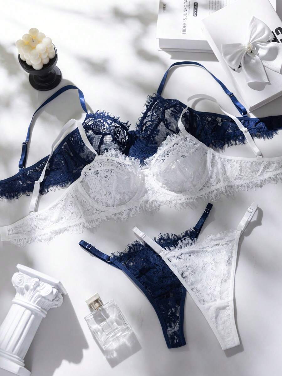 4pcs Women's Solid Color Minimalist Everyday Lace Lingerie Set - Blue and White - View 1