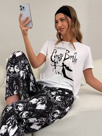 Corpse Bride X SHEIN Women's Summer Dark Horror Cartoon Character & Letter Print Short Sleeve Top And Loose Pants Pajama Set