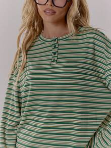 MUSERA 条纹落肩宽松长袖纽扣领上衣，可爱酷女孩舒适秋季日常清新女孩休闲田园风复古奶油糖色优雅Y2K春夏 - 綠色 - 查看 6