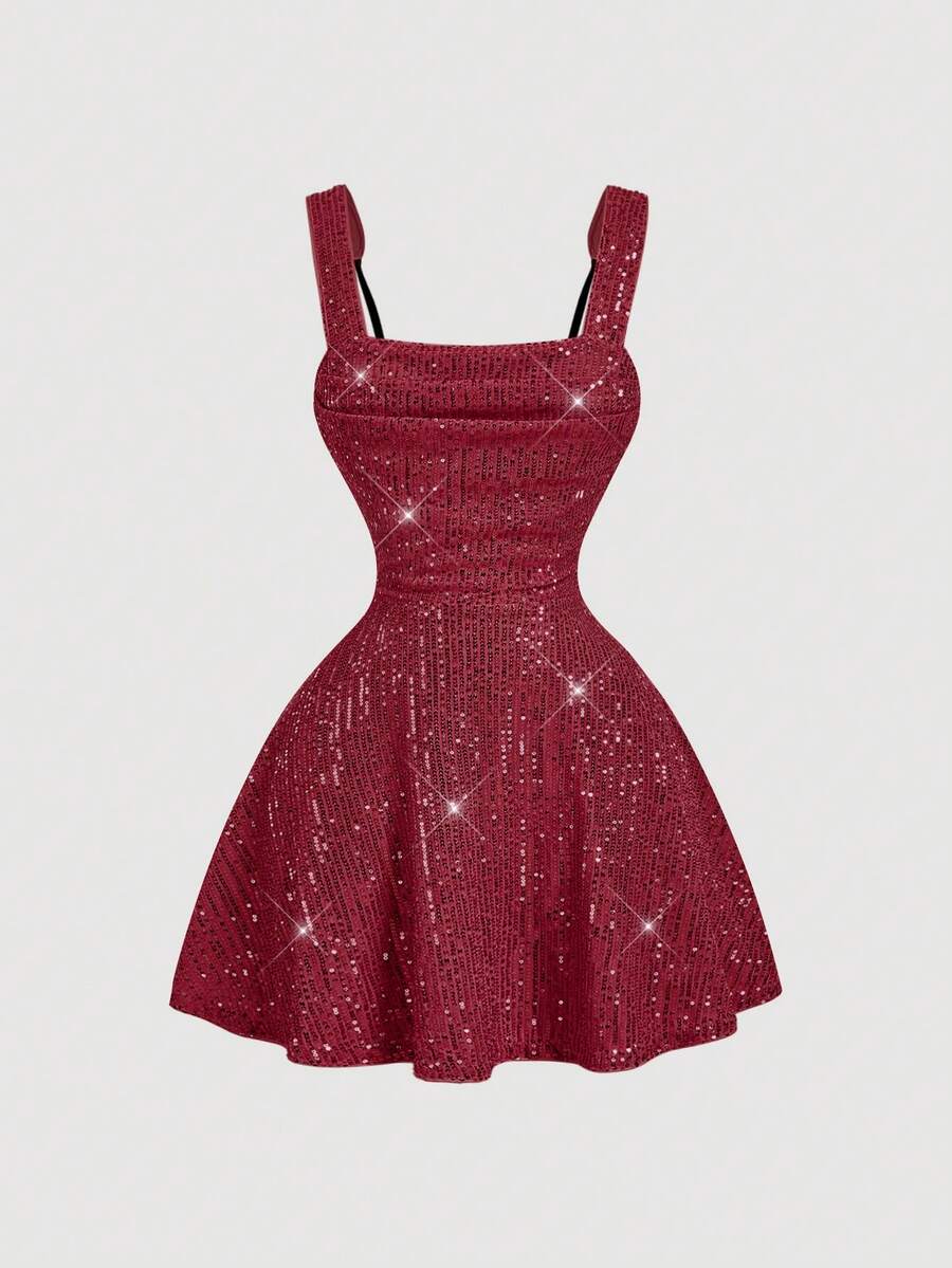 SHEIN MOD 亮片撞色网纱黑色派对连衣裙 - 酒紅色 - 查看 1