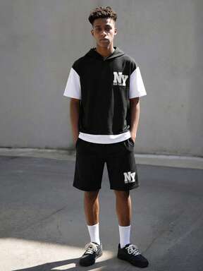 Vacaura Conjunto de sudadera con capucha y pantalones cortos minimalista de contraste de color para adolescentes, adecuado para el uso diario y el deporte