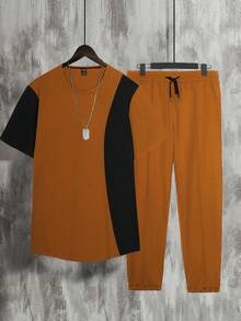 Manfinity Homme Men Two Tone Tee & Drawstring Waist Joggers - Brown - View 3