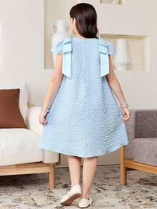 SHEIN Tween Girl Elegant Jacquard Floral Pattern Bow Decor A-Line Dress,Summer Light Blue Party Church Matching Dresses For Little Girls - Blue - View 3