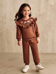 SHEIN 2pcs/Set Young Girl Young Girlrl Casual Ruffle Embroidered Sweatshirt Top + Sweatpants, Suitable For Layering With Jackets, Coats, Hoodies, Ideal For Everyday Wear, Autumn/Winter - Brown - View 3