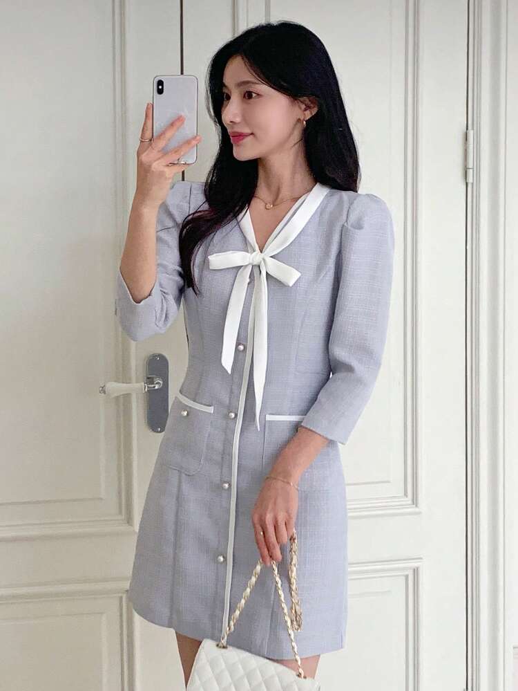 Women's Color Block Ribbon Collar Raglan Sleeve Elegant V-Neck Waisted Mid-Length Dress Sundress