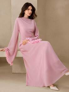 Graceveil 女士优雅雪纺拼接荷叶袖长连衣裙，时尚高贵 - 粉色 - 查看 8