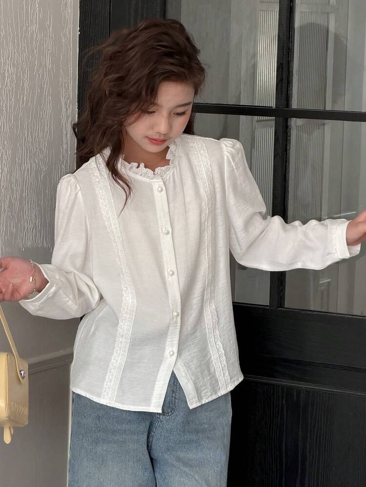 Tween Girls' Casual, Versatile, Solid Color Frill Collar Puff Sleeve Loose Blouse, Suitable For Work, Commute, Vacation, Spring/Autumn Long Sleeve Tops Women
