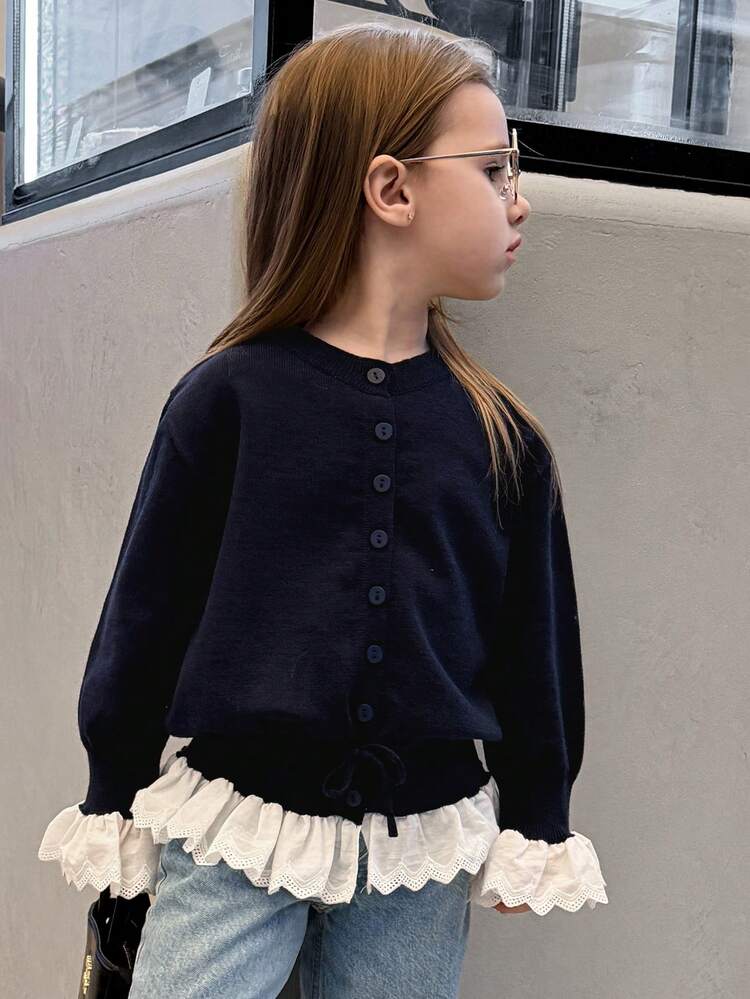 Young Girls Patchwork Contrast Ruffle Trim Drawstring Tie Front Casual Cardigan