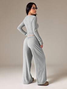 SHEIN PETITE Women Luxurious Ribbed Knit Co-Ord Set Long Sleeve Button Up Cardigan With Wide Leg Pants Fall Winter Loungewear - Grey - View 2
