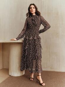 Anewsta Đầm dài tay dáng đuôi cá, cổ bẻ, màu nâu cà phê kiểu Pháp cổ điển, chất liệu jacquard chấm bi, dành cho nữ. - Cà phê nâu - Xem 6