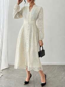 DAZY V-Neck Lantern Sleeve Lace Dress, High-End French Style, Waist Cinching, Slimming, Single-Breasted Long Dress