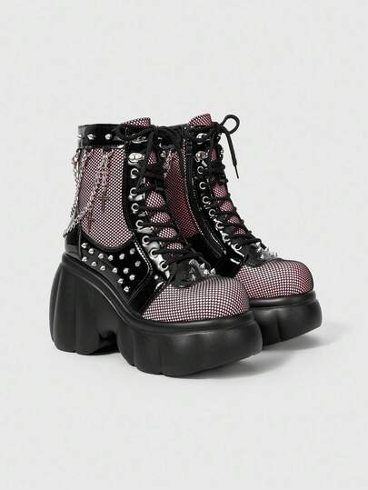 ROMWE Grunge Punk Women's Purple Round Toe Platform Goth Punk Ankle Boots With Thick Soles, Cross Buckle Rivet Chain Decor Y2K 2000s Style