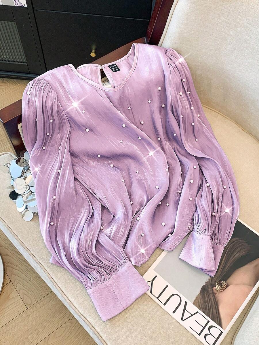 GlowEve CURVE Áo kiểu Pháp sang trọng cỡ lớn đính cườm - Màu tím hoa cà - Xem 1
