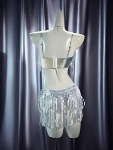 MidnightGlam 2pcs/Set Women's Sequin Patchwork Sexy Camisole Top - Silver - View 2