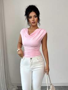 Elenzga 优雅荷叶边垂褶领口袖休闲T恤，适合春夏日常穿着、度假、聚会，时尚粉色女式T恤 - 粉色 - 查看 5