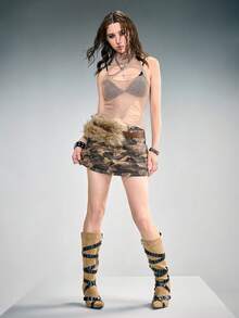 ROMWE Grunge Punk Kpop Ultra Low Waist Sexy Vintage Mini Pleated Camouflage Patchwork Faux Fur Metal Grommet Skirt - Army Green - View 7