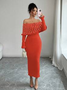 Rafferiza 女士纯色蝴蝶结长袖弹力修身露肩针织连衣裙，法式优雅珍珠装饰露肩大翻领针织连衣裙，秋冬针织长裙，返校季针织连衣裙，音乐节，圣诞节，仙女装，秋季婚礼宾客连衣裙 - 橘色 - 查看 7