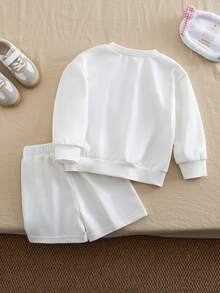 SHEIN Genkimix Kids 2pcs/Set Girls' Round Neck Long Sleeve Sweatshirt And Pants Set, Fashionable Casual Everyday Wear, Spring/Autumn Kids Sweat Set Sweatshirt Set For Girl Two Piece Kids Set Kids Two Piece Set Kids Long Sleeve Summer Sets - White - View 2