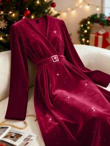 Qadelle Women's Elegant Velvet Patchwork Midi Dress With Waist Cinching - Burgundy - View 1