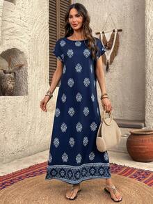 EMERY ROSE 女士休闲波西米亚度假风印花蝙蝠袖宽松长连衣裙，夏季 - 藍色 - 查看 7