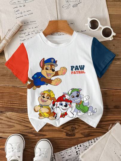 SHEIN | PAW Patrol 男童休闲日常通勤趣味卡通狗字母印花撞色短袖T恤，夏季